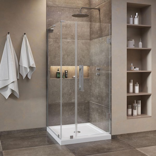 Panama 36 in. L x 36 in. W x 72.01 in. H Corner Shower Kit with Pivot Frameless Door in Satin Nickel and Shower Pan