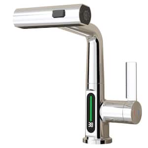 3 in 1 Single Handle Pull Out Sprayer Kitchen Faucet with LED Temperature Digital Display in Polished Chrome