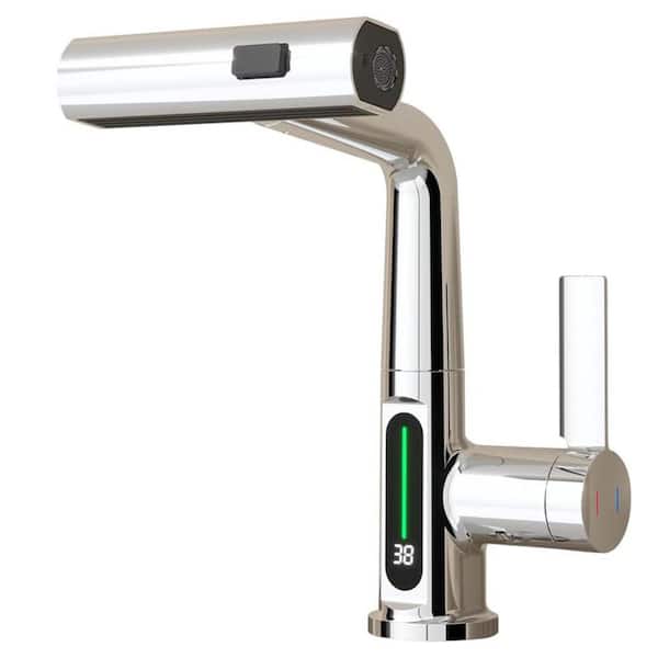 LORDEAR 3 in 1 Single Handle Pull Out Sprayer Kitchen Faucet with LED Temperature Digital Display in Polished Chrome