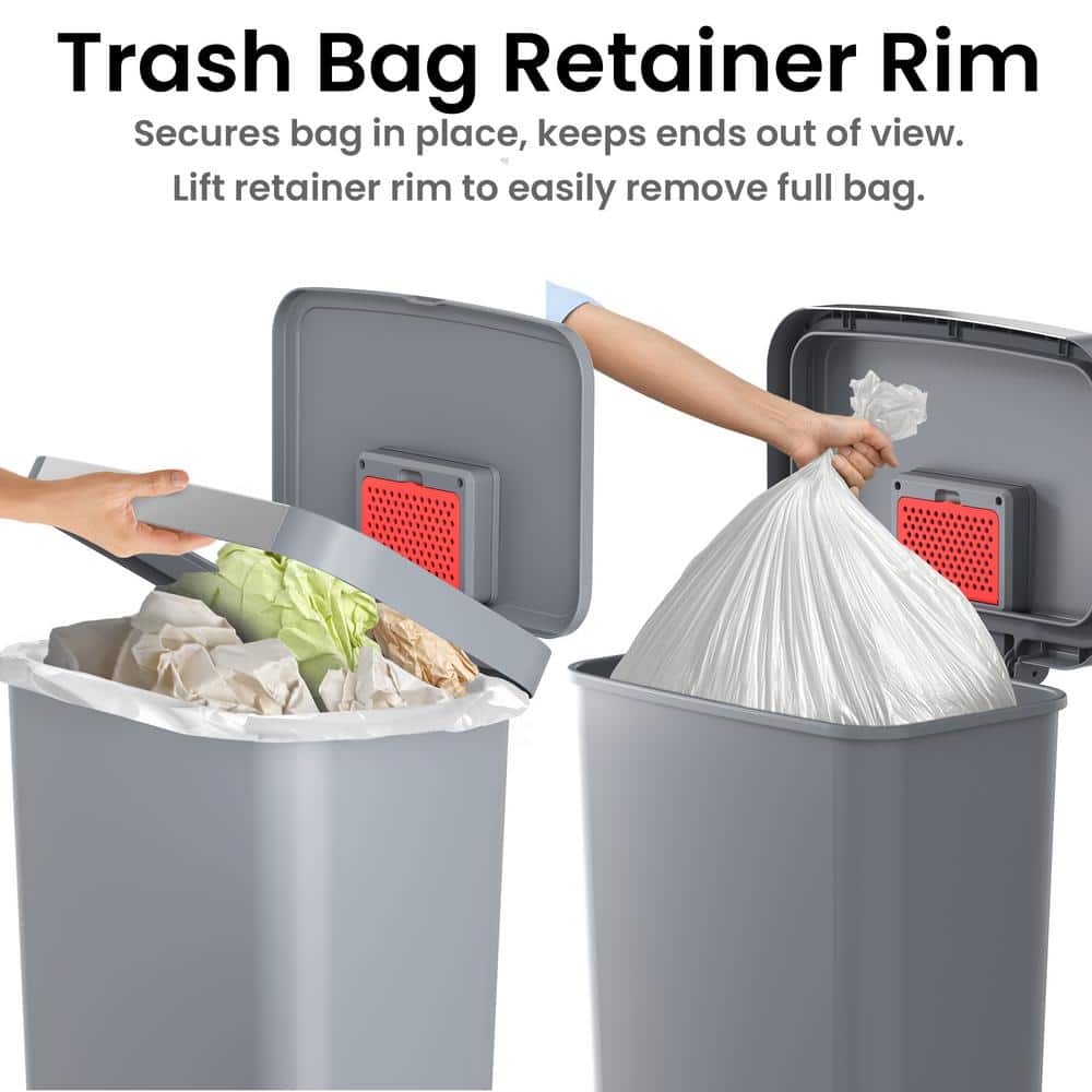 Gray Plastic 13.2 Gallon Step Pedal Trash Can with Stainless Steel Trim