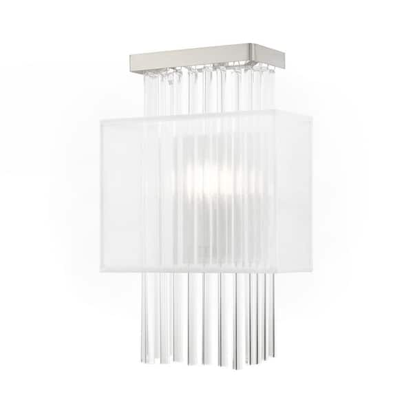 AVIANCE LIGHTING Ellyridge 9 in. 1-Light Brushed Nickel ADA Wall Sconce with Translucent Fabric shand and Clear Crystal Rods