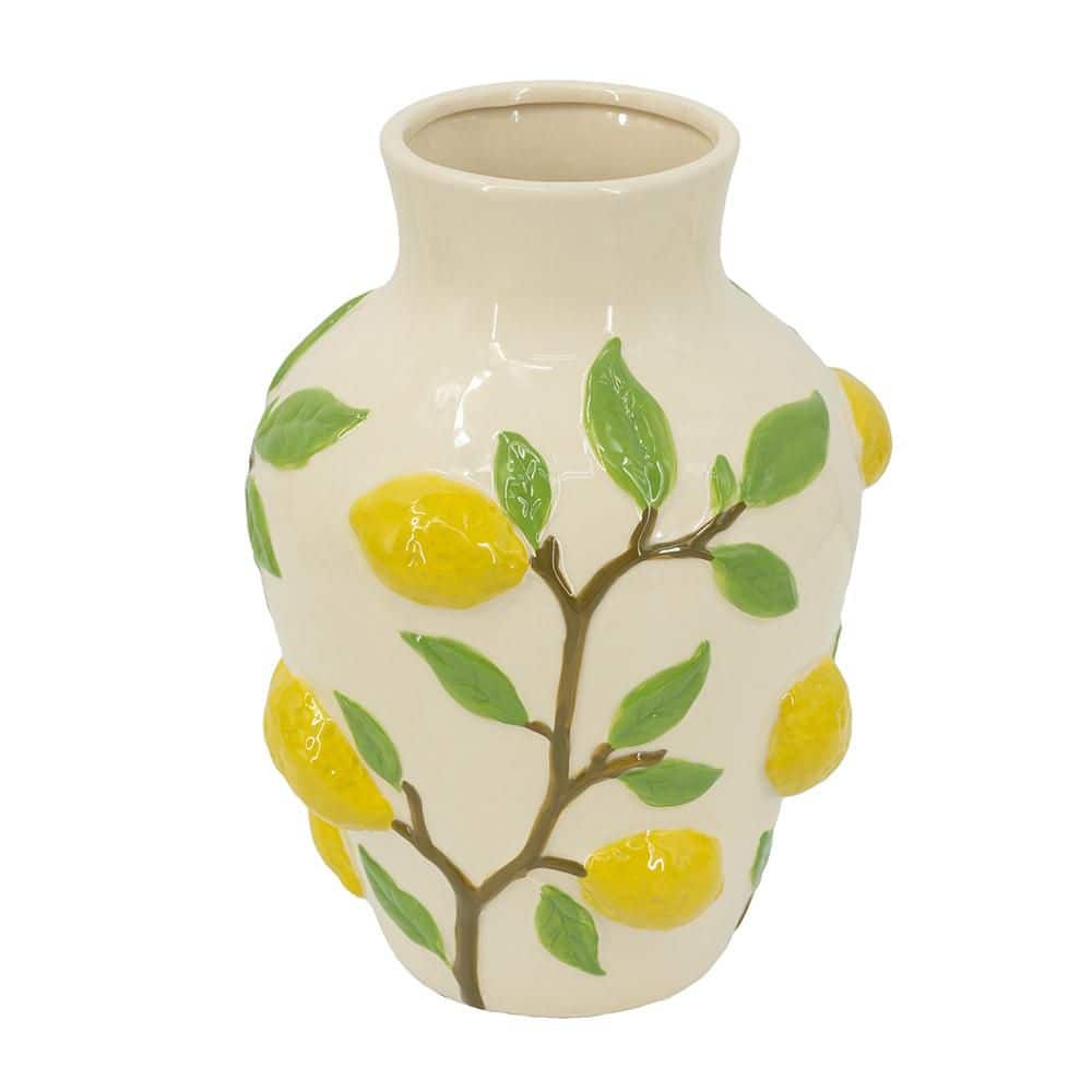 12.5 in White Ceramic Lidded Jar Vase with Vibrant Yellow Lemon