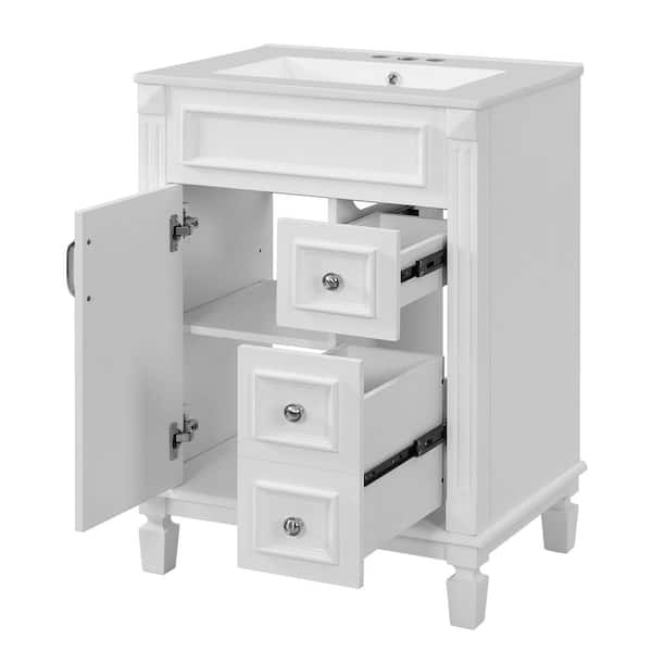 24 in. W Single Sink Freestanding White Bath Vanity with White Ceramic Top and 2 Drawers on the Right, Unassembled