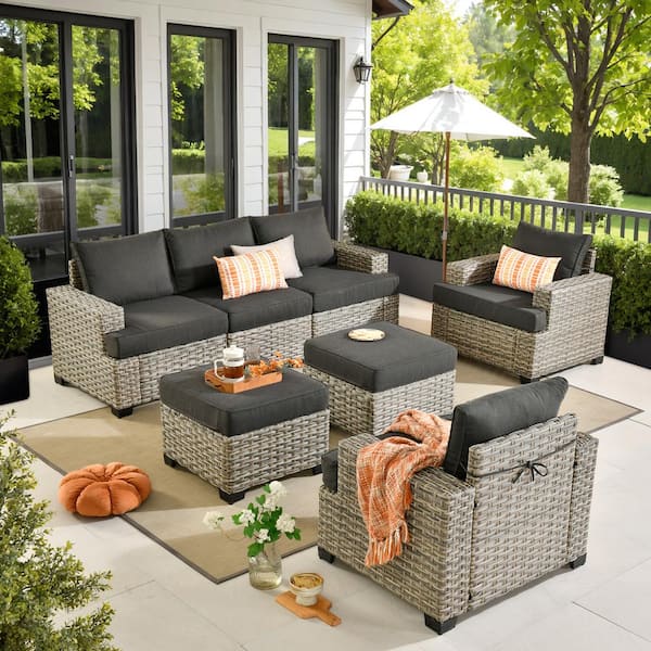 XIZZI Aphrodite 7-Piece Wicker Outdoor Patio Conversation Seating Sofa Set with Black Cushions