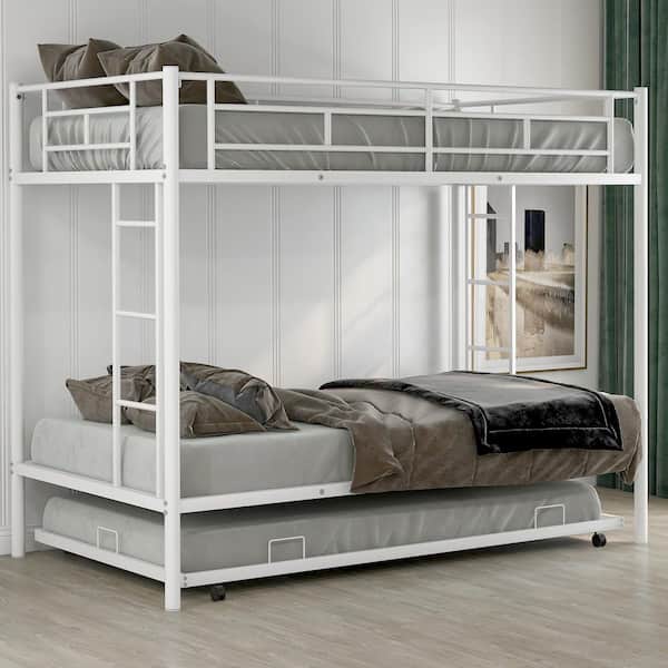 White Twin over Twin Size Bunk Bed with Trundle