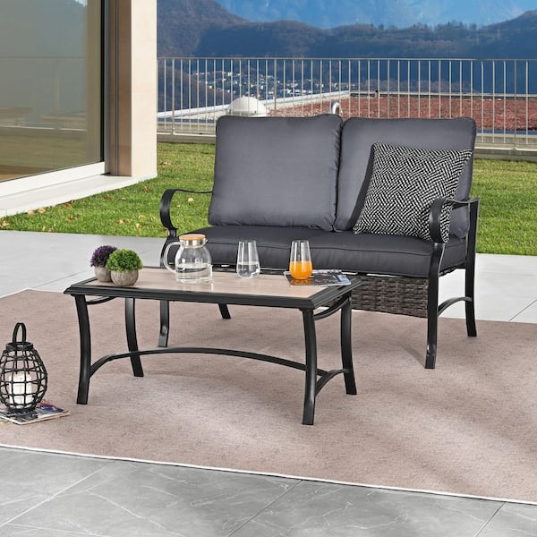 TOP HOME SPACE 2-Piece Metal Outdoor Loveseat with Dark Gray Cushions