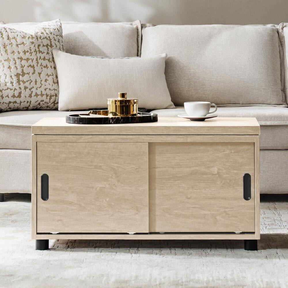 Veronica 34 in. Natural Rectangle Wood Coffee Table with Storage