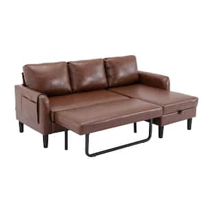 73 in. Modern Dark Brown PU Leather Reversible Sleeper Sectional Sofa Bed with Side Pocket and Storage Chaise