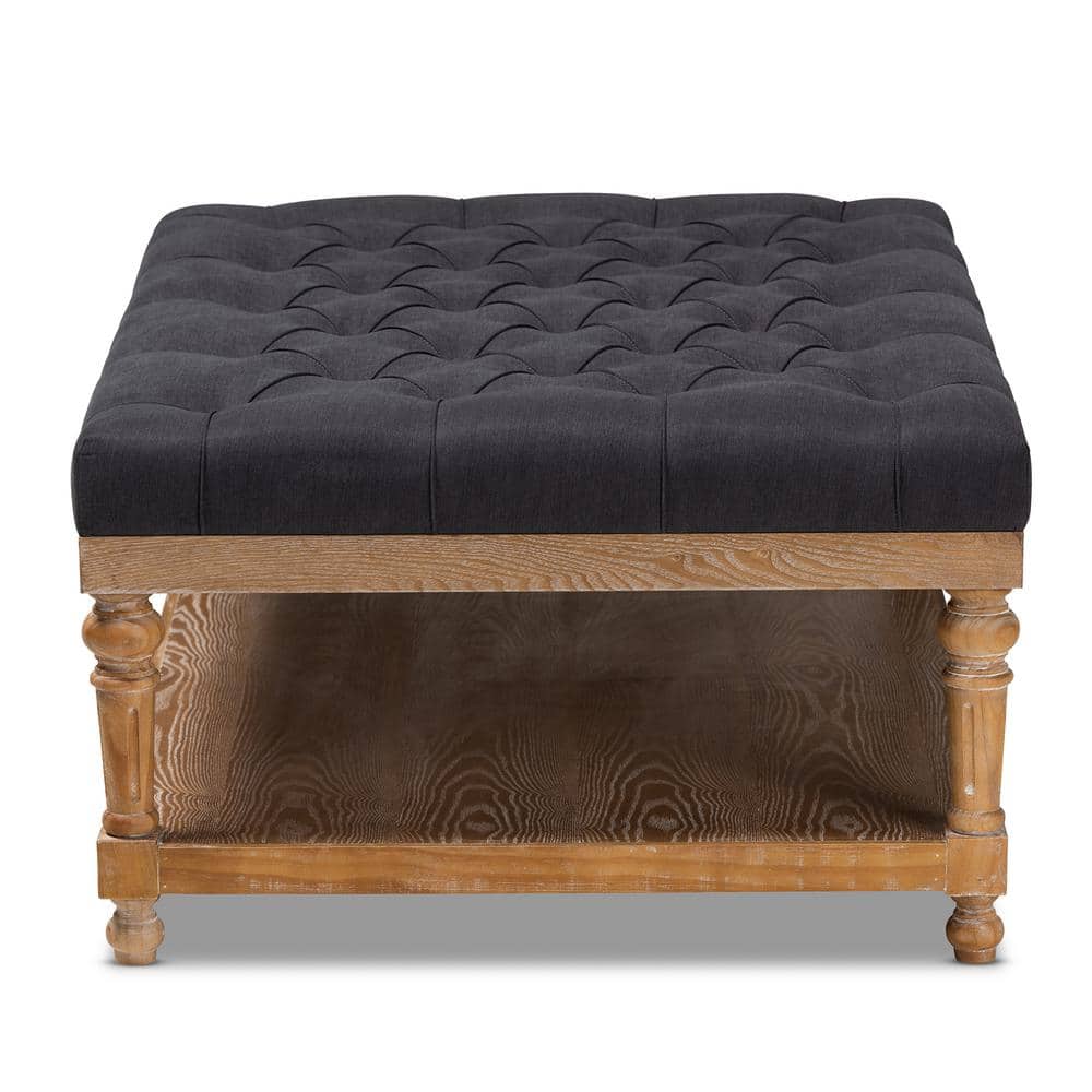 Charcoal Linen Fabric Tufted Cocktail Ottoman with Storage Shelf