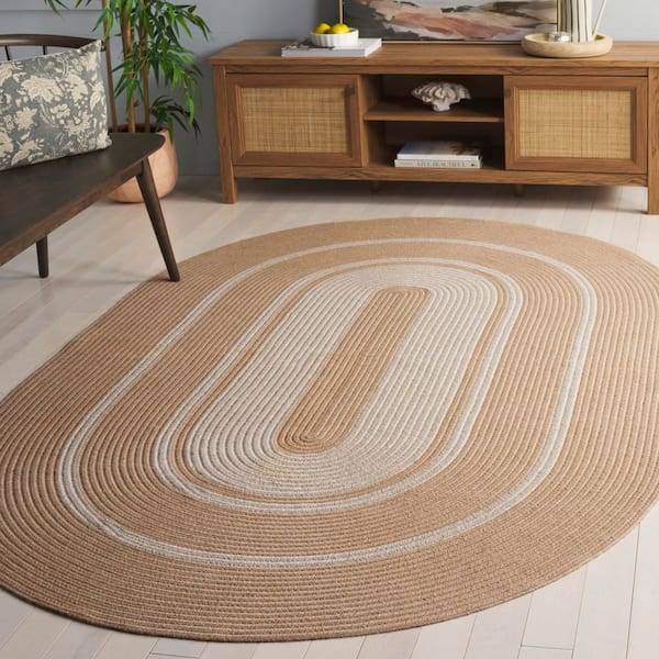 Braided 5 ft. x 8 ft. Natural/Ivory Striped Solid Border Oval Area Rug