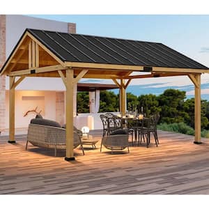 12 ft. x 14 ft. Brown Hardtop Gazebo Outdoor Aluminum Gazebo with Galvanized Steel Gable Canopy for Patio Decks Backyard
