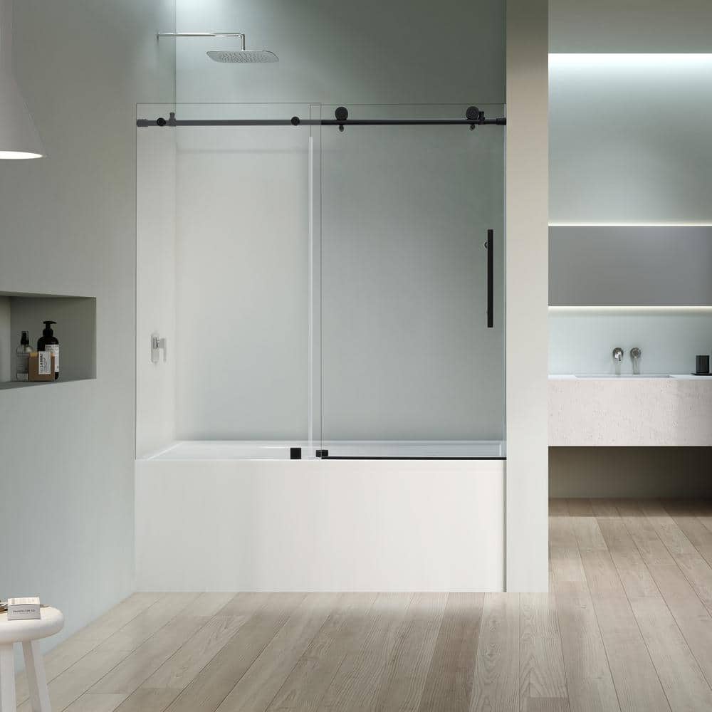 Matte Black Frameless Sliding Tub Door with Clear Glass