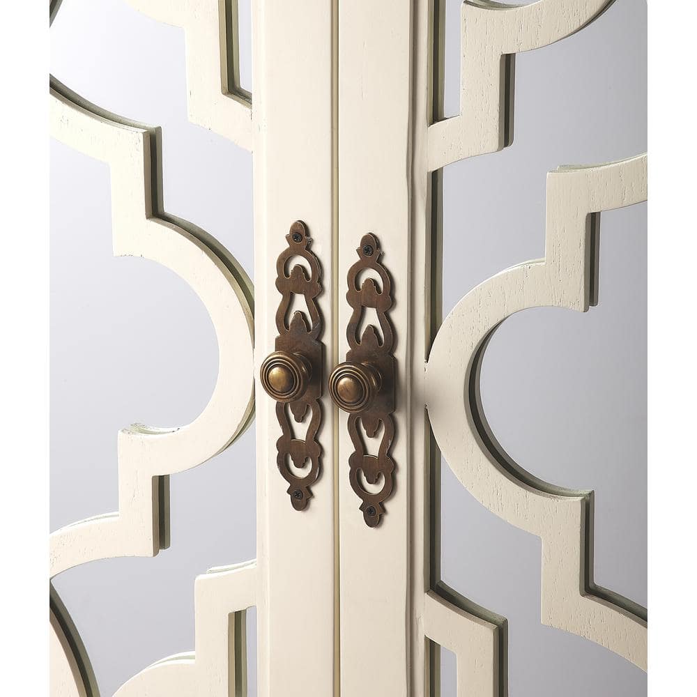 Elegant White Mirrored Armoire with Trellis Pattern and Brass Handles