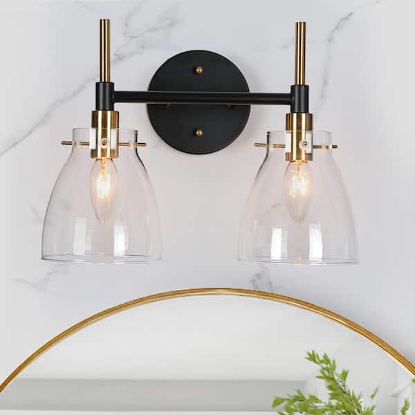 Zevni 13 in. 2-Light Black Bathroom Vanity Light, Modern Farmhouse Bath Lighting, Brass Gold Wall Sconce with Clear Glass