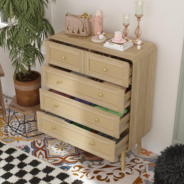 FUFU&GAGA Burly Wood Grain Yellow 5-Drawers 31.5 in. W Dresser, Chest of Drawers with Rattan Weave Drawer Surface without Mirror