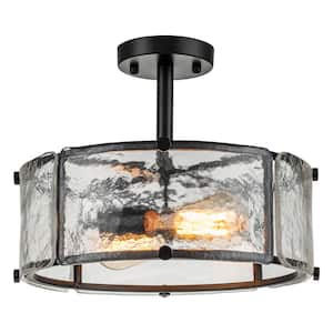 12.8 in. 2-Light Matte Black Modern/Contemporary Semi-Flush Mount Ceiling Light with Textured Glass Shade