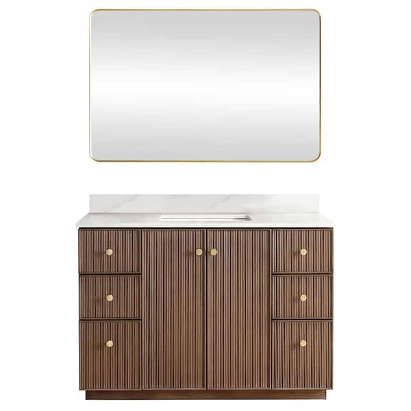 ROSWELL Oza 48 in. W x 22 in. D x 33.9 in. H Single Sink Bath Vanity in Dark Brown with White Quartz Stone Top and Mirror