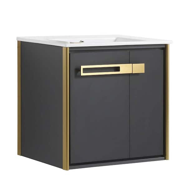 FINE FIXTURES Oakville 24 in. W x 18 in. D x 23.25 in. H Wall Mounted Bathroom Vanity in Gray with White Ceramic Sink Top