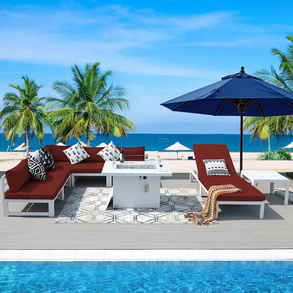 FINCATI 8-Piece Aluminum Patio Furniture Set, 55000 BTU Gas Fire Pit Table Coffee Table Chaise Lounge, Dark Red Cushions