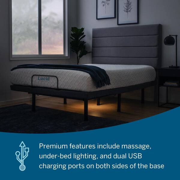 Lucid Comfort Collection Black Premium, Split King Adjustable Bed Frame With Massage