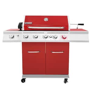 5-Burner Propane Gas Grill in Red with Rotisserie Kit