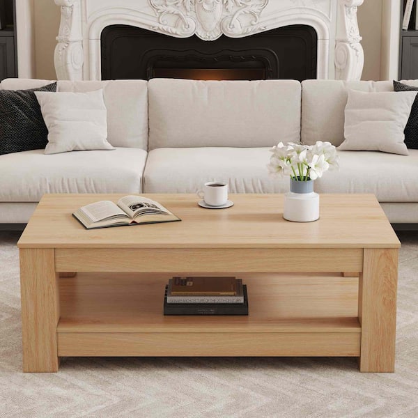 Natural Wood 43.3 in. Rectangle MDF Top Coffee Table for Living Room