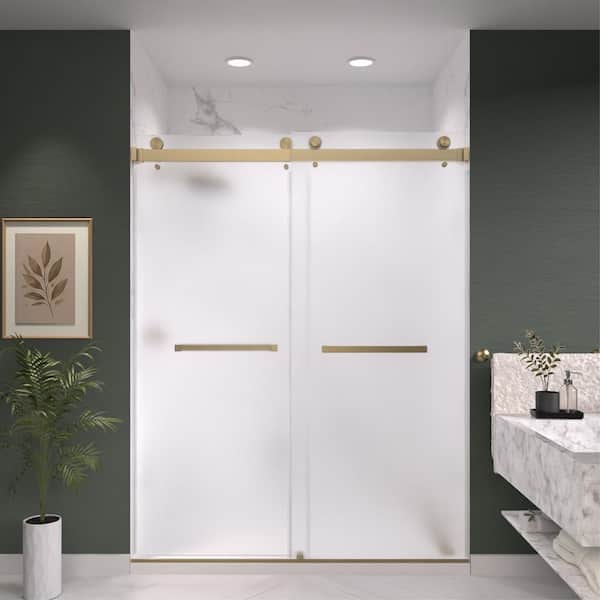CatalystAE 56 to 60 in. W x 76 in. H Double Sliding Frameless Shower Door in Brushed Bronze with 3/8 in. Obscure Glass