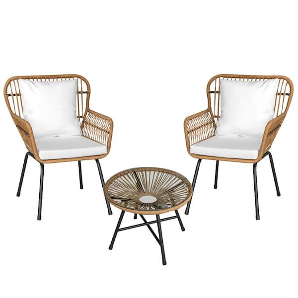 Foredawn Boho 3-Piece Handwaven Wicker Patio Conversation Set with Round Table and Off-White Cushion