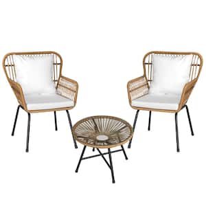 Boho 3-Piece Handwaven Wicker Patio Conversation Set with Round Table and Off-White Cushion