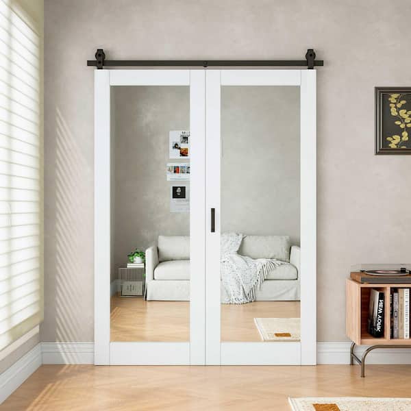 56 in. x 80 in. 1 Lite Mirrored Glass White Primed MDF DIY Painting Bifold Sliding Barn Door with Hardware Kit
