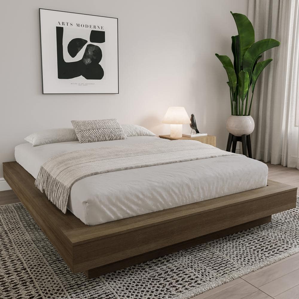 Natural Oak Queen Upholstered Platform Bed Frame
