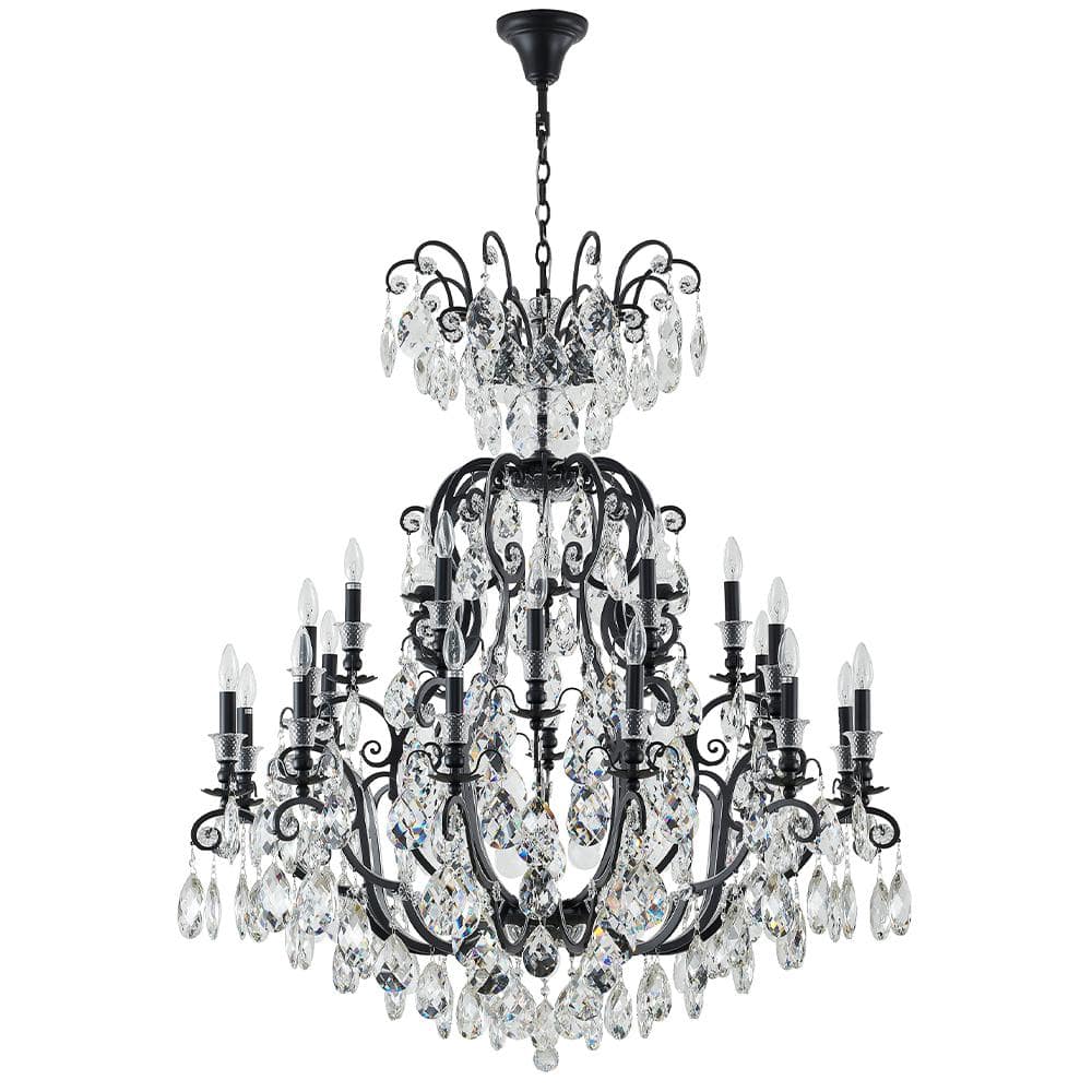24-Light Matte Black Crystal Tiered Chandelier for Dining Room