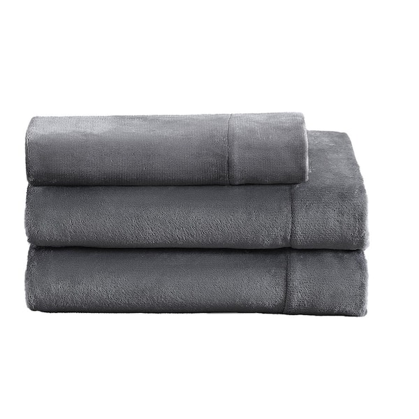 JUICY COUTURE 3-Piece Gray Plush Microfiber Twin Sheet Set