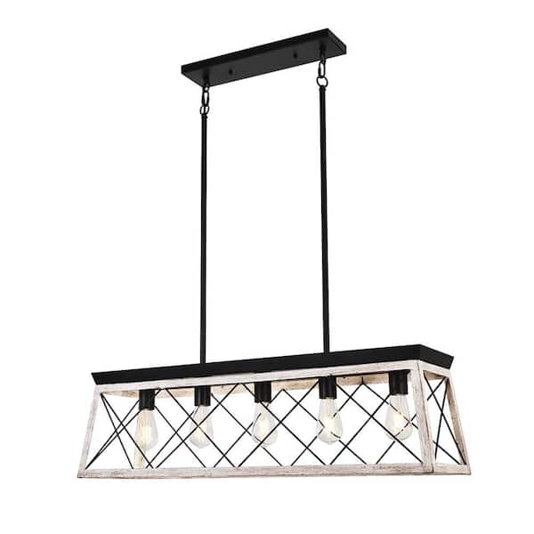 HUOKU Libertab 5-Light 37.8 in. W Matte Black Chandelier Trapezoidal Rectangular Cage for Kitchen Island Lighting