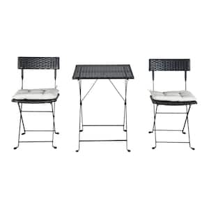 Black 3-Piece Wicker Outdoor Bistro Set with Waterproof White Cushion