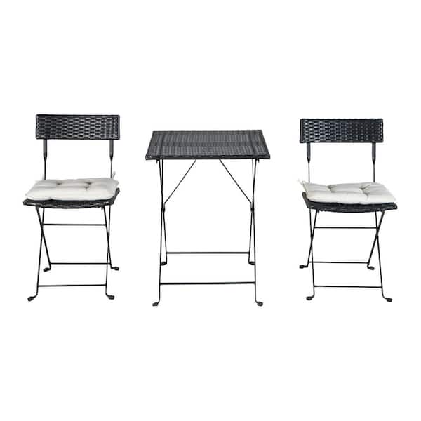 Tenleaf Black 3-Piece Wicker Outdoor Bistro Set with Waterproof White Cushion