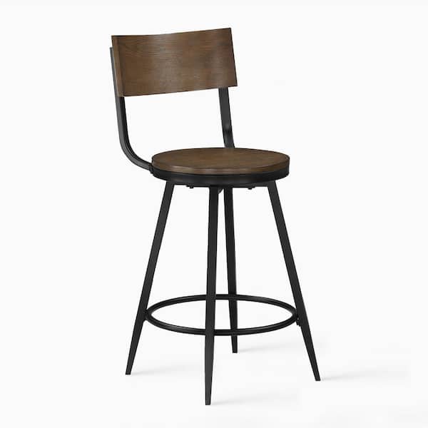Unbranded Dalia 26 in. Seat Height Black Slat Back Metal Frame Swivel Bar Stool with Brown Wood Seat