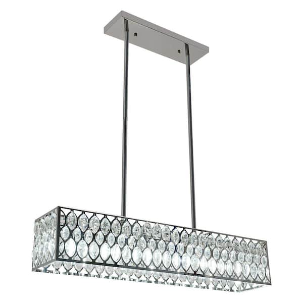 OUKANING 40-Watt 6-Light Chrome Modern Rectangle Island Crystal Pendant Light with Clear Glass Shade, No Bulbs Included