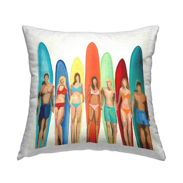 Surfers and Boards Ocean Sports Multi-Color Square Outdoor Throw Pillow