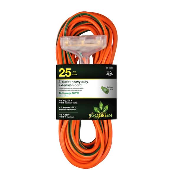 GoGreen Power 25 ft. 3-Outlet 12/3 Heavy Duty Extension Cord - Orange