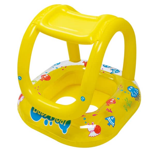 Pool Central 26 in. Dia Inflatable Yellow Sea Life Baby Swimming Pool Boat Float with Sunshade