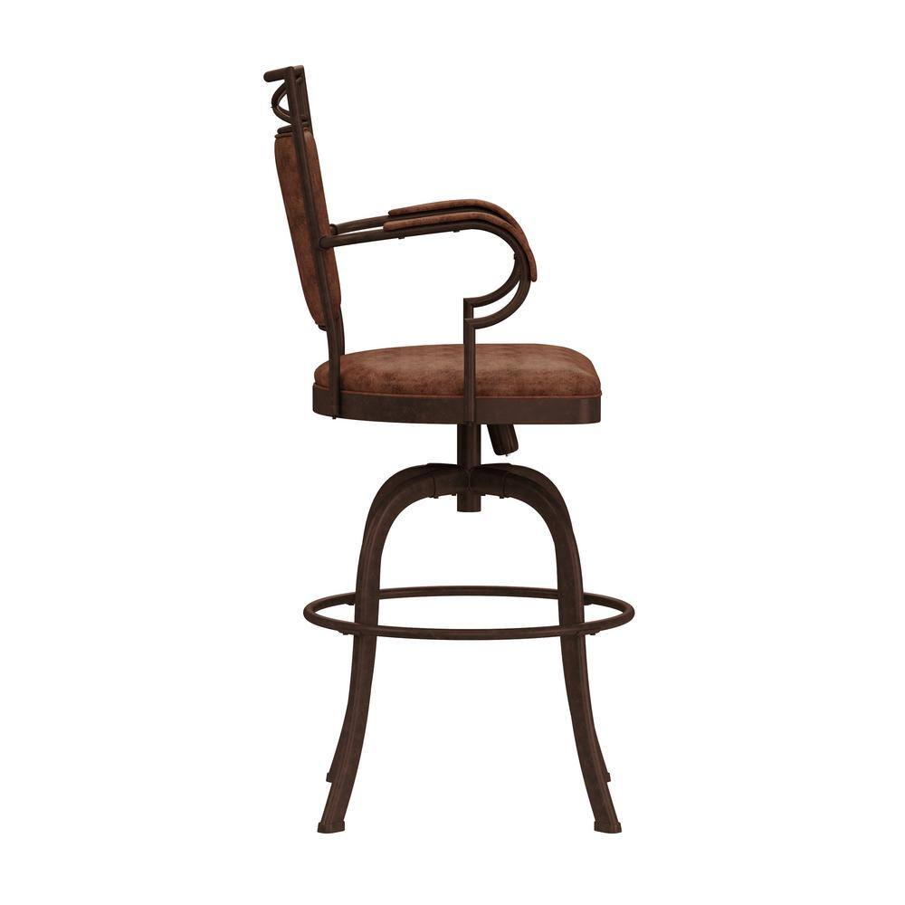 Aged Bronze Swivel Bar Stool with Weathered Brown Faux Leather