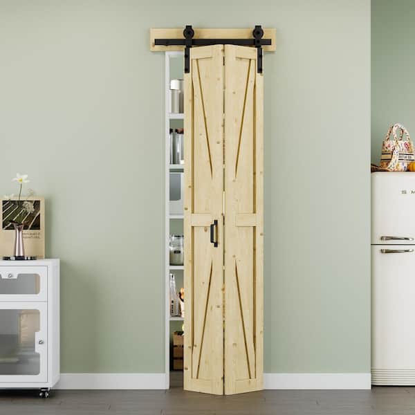 25 in. x 84 in. Paneled K Shape Solid Pine Wood Unfished Bi-fold Sliding Barn Door with Hardware Kit and Header Board