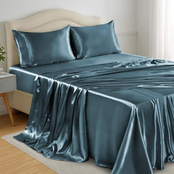 Lux Decor Collection King Navy Satin Sheet Set-4 Piece, Deep Pocket, Easy Care