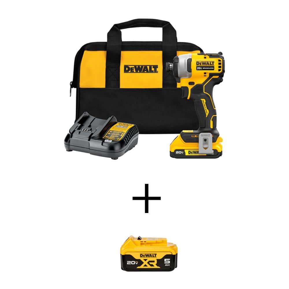 DEWALT ATOMIC 20V MAX Lithium-Ion Brushless Cordless Compact 1/4 in. Impact Driver with 2Ah and 5Ah Batteries, Charger and Bag -  DCF809D1WDCB205