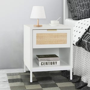 Natural Rattan 1-Drawer White Nightstand Bedroom Sofa Side Table Bedside Furniture 21.9 in. H x 17.8 in. W x 16 in. D