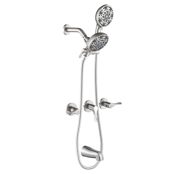 FLG Triple Handle 6-Spray Tub and Shower Faucet 1.8 GPM Dual Head Wall Mount Shower System in. Brushed Nickel Valve Included