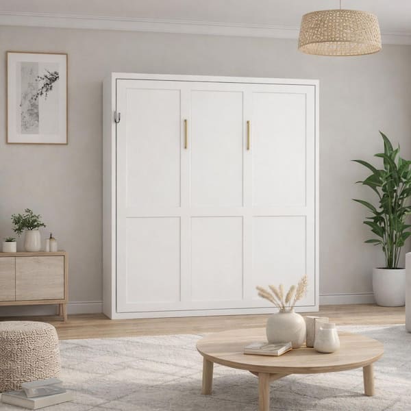 Rupert White Wood Frame Queen Size Multifunctional Murphy Bed, Wall Bed with Grey Bed Frame