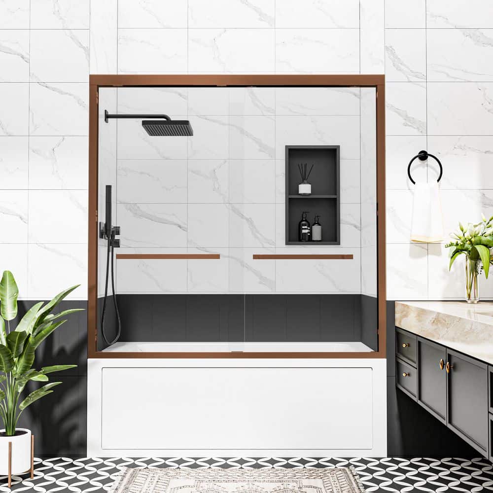 56 in. - 60 in. W x 60 in. H Single Sliding Frameless Tub Shower Door in Oil Rubbed Bronze with 8mm Tinted Glass price history on PriceWatchPro