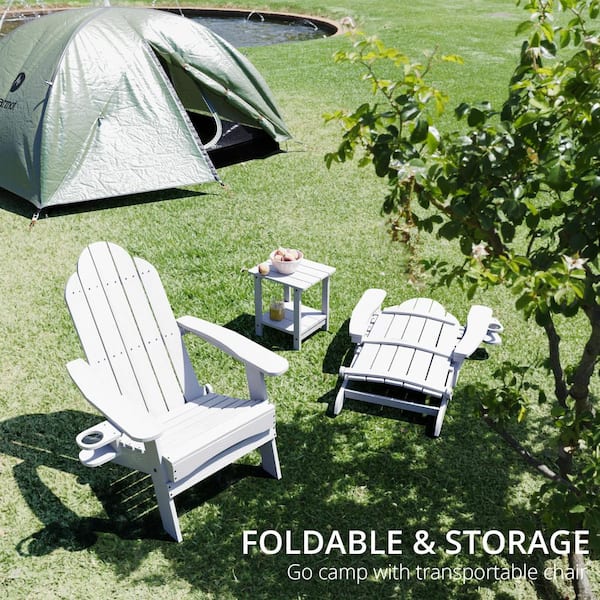 White Folding Outdoor Plastic Adirondack Chair with Cup Holder Weather Resistant Patio Fire Pit Chair Set of 4
